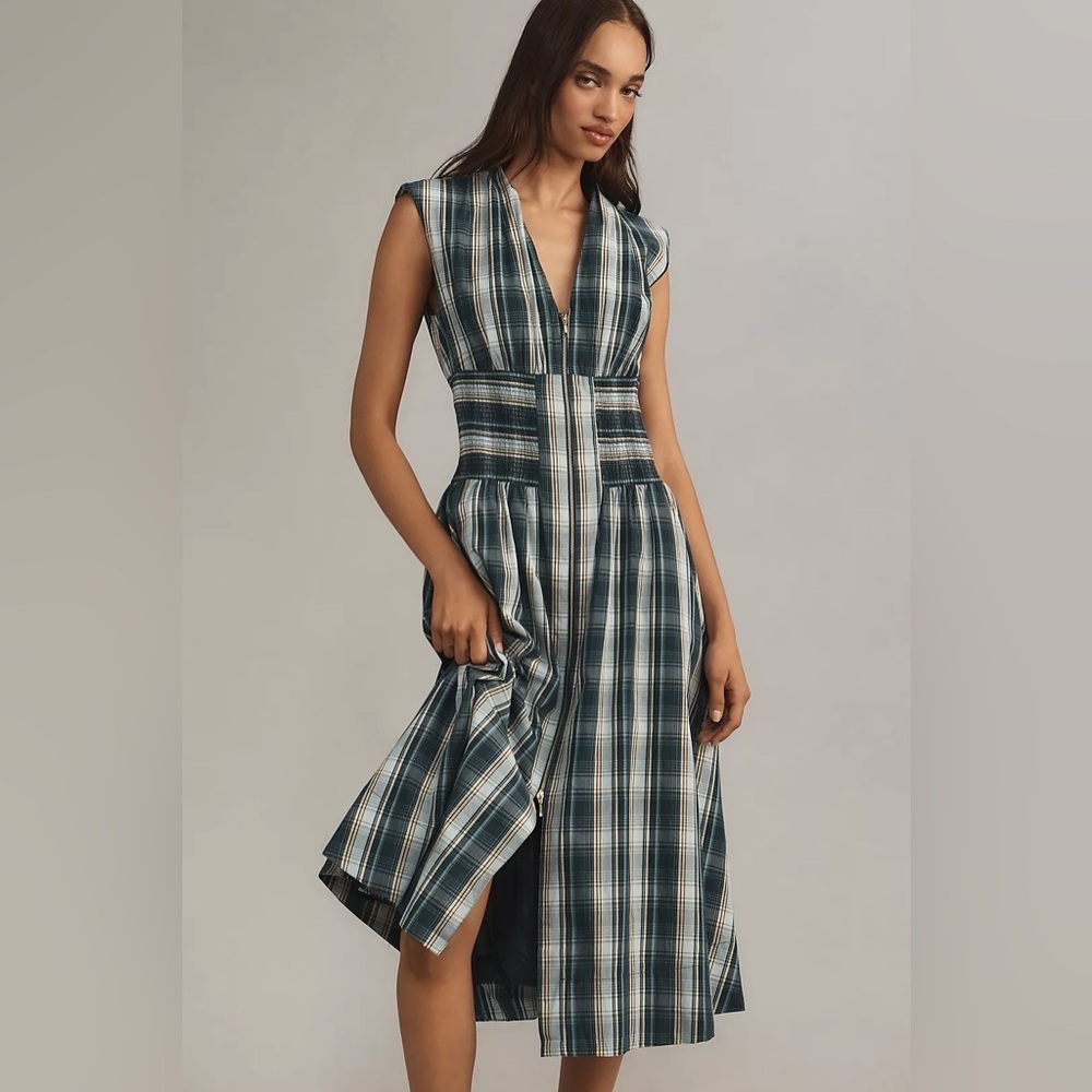 The Tommie Cap-Sleeve Smocked Front-Zip Shirt Dres
